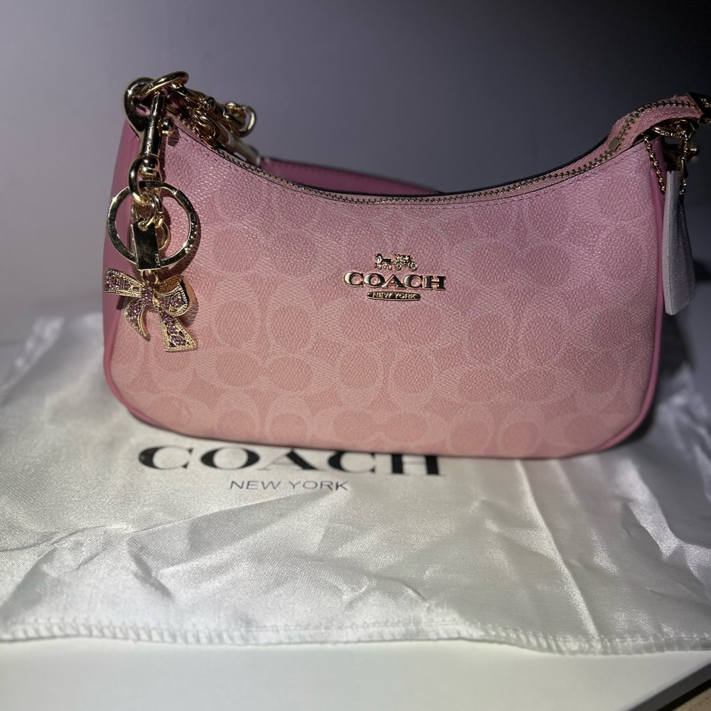 Coach Pink Signature Jacquard Mini Shoulder Bag with Gold Hardware